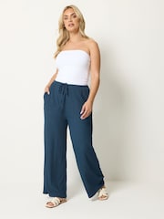 Yours Curve Blue Textured Drawstring Trousers - Image 3 of 5
