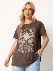 Yours Curve Brown Placement Print Daisy T-Shirt - Image 1 of 5