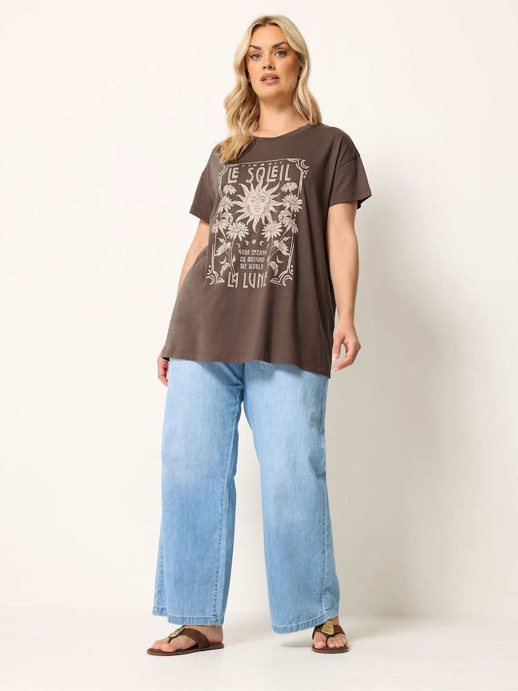Yours Curve Brown Placement Print Daisy T-Shirt - Image 2 of 5 Yours Curve Brown Placement Print Daisy T-Shirt - Image 2 of 5