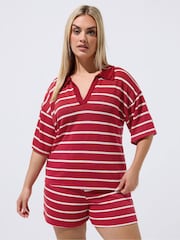 Yours Curve Red Limited Crochet Stripe Rugby Collar Top - Image 1 of 5