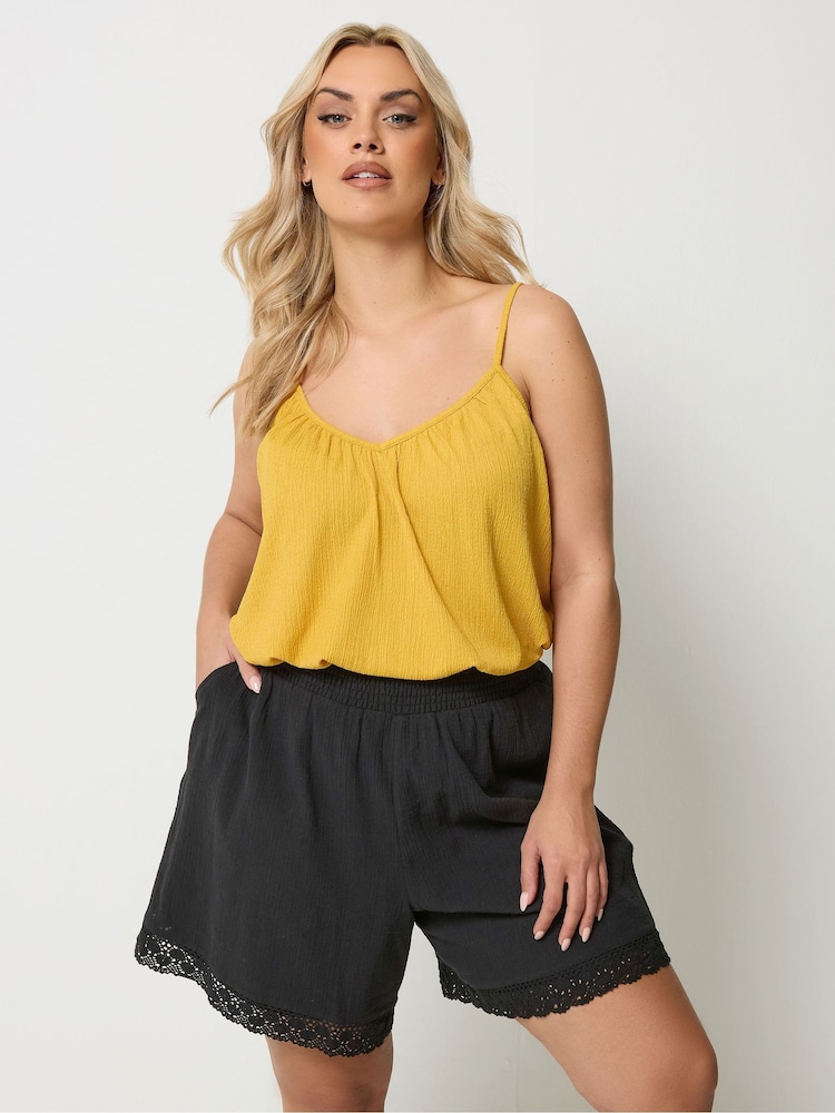 Yours Curve Black Crochet Trim Shirred Waist Shorts - Image 1 of 5