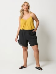 Yours Curve Black Crochet Trim Shirred Waist Shorts - Image 2 of 5