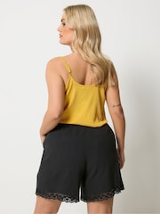 Yours Curve Black Crochet Trim Shirred Waist Shorts - Image 3 of 5