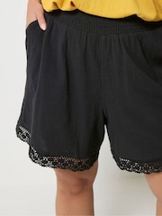 Yours Curve Black Crochet Trim Shirred Waist Shorts - Image 4 of 5