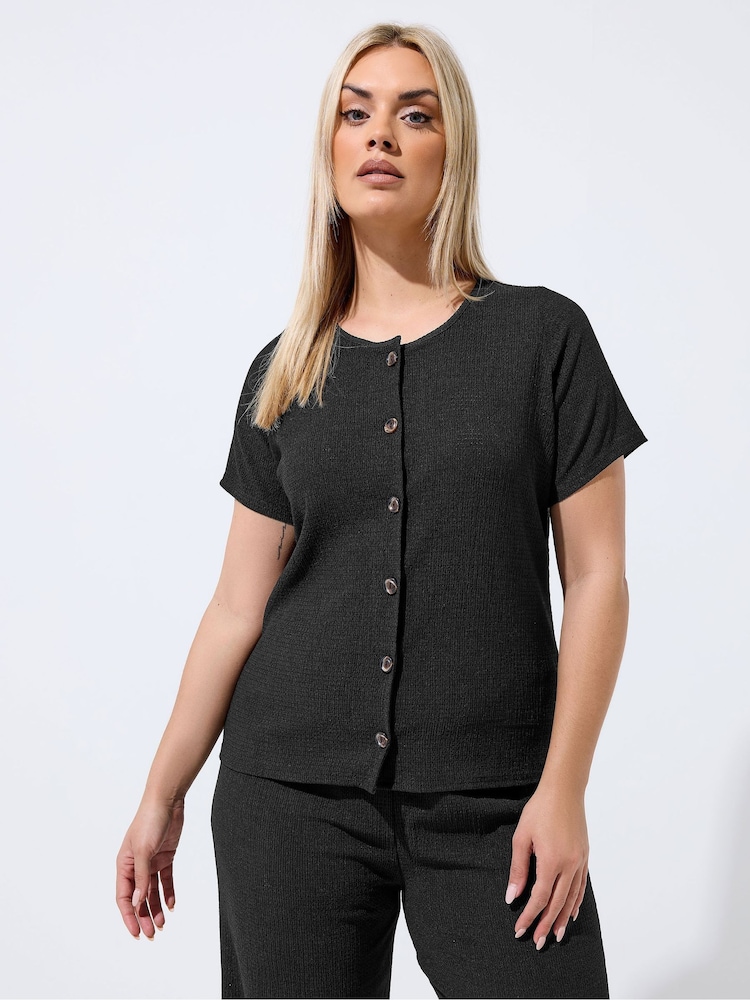Yours Curve Black Limited Short Sleeve Textured Button Top - Image 1 of 6
