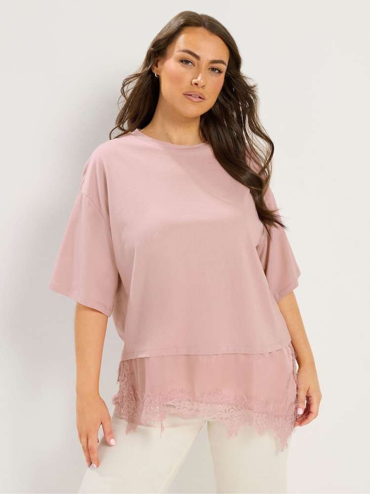 Yours Curve Pink Lace Trim T-Shirt - Image 1 of 5 Yours Curve Pink Lace Trim T-Shirt - Image 1 of 5
