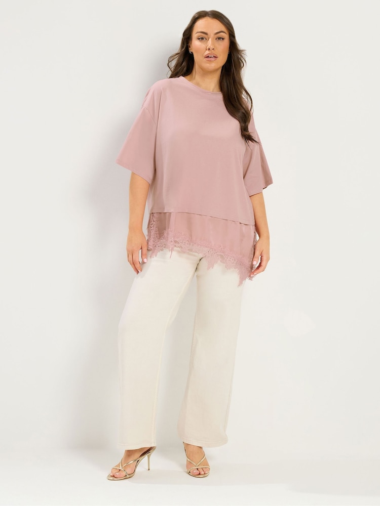 Yours Curve Pink Lace Trim T-Shirt - Image 2 of 5 Yours Curve Pink Lace Trim T-Shirt - Image 2 of 5
