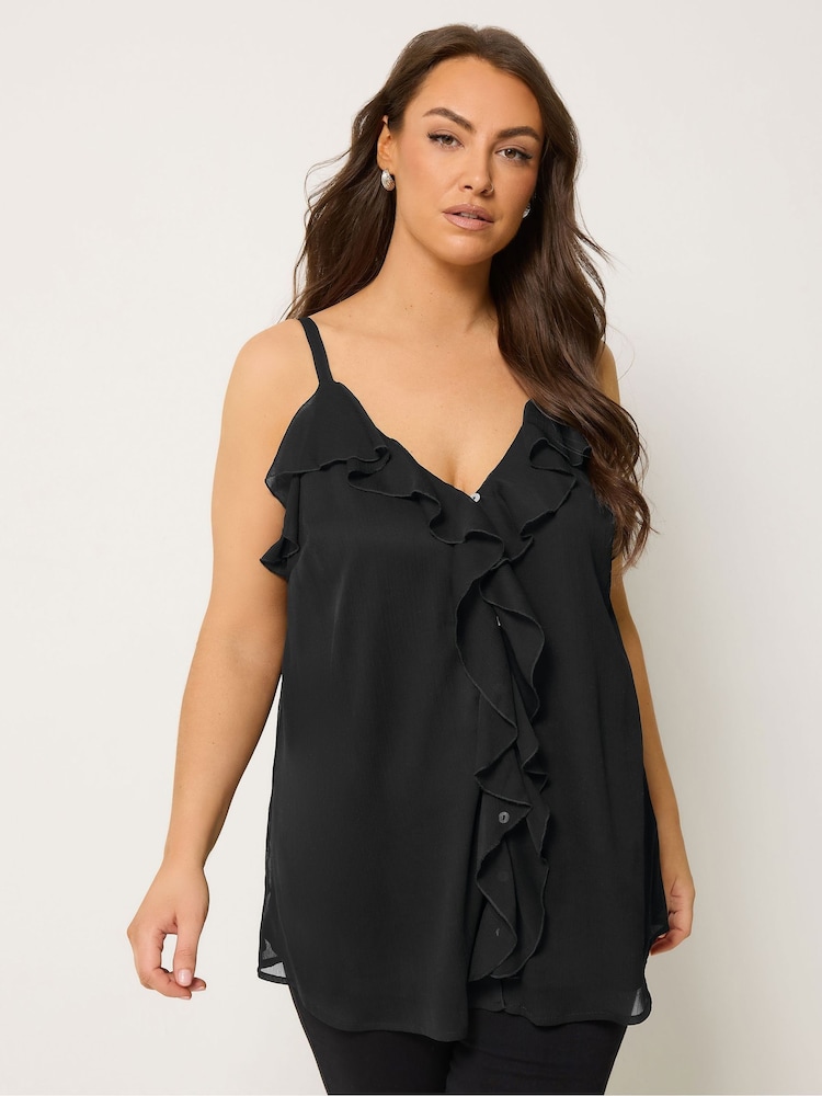 Yours Curve Black Ruffle Vest Top - Image 1 of 5