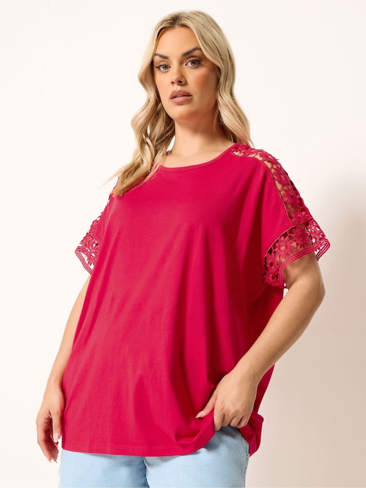 Yours Curve Pink Crochet T-Shirt - Image 1 of 5 Yours Curve Pink Crochet T-Shirt - Image 1 of 5