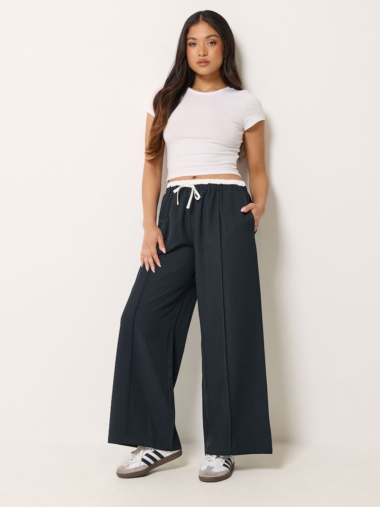 PixieGirl Petite Blue Contrast Waist Pintuck Wide Leg Trousers - Image 2 of 5