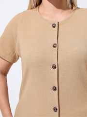 Yours Curve Natural Limited Short Sleeve Textured Button Top - Image 4 of 6