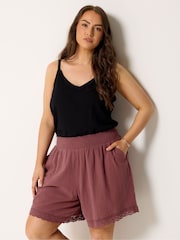 Yours Curve Pink Crochet Trim Shirred Waist Shorts - Image 1 of 5