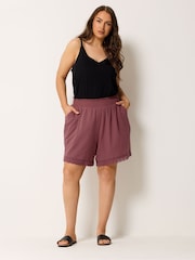 Yours Curve Pink Crochet Trim Shirred Waist Shorts - Image 2 of 5