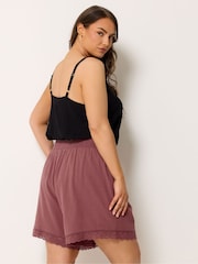 Yours Curve Pink Crochet Trim Shirred Waist Shorts - Image 3 of 5