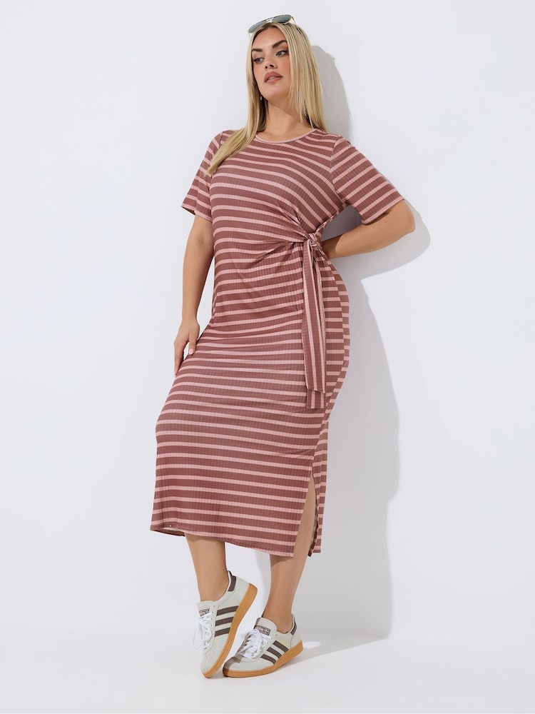 Yours Curve Pink Limited Stripe Ribbed Knot Dress - Image 1 of 5 Yours Curve Pink Limited Stripe Ribbed Knot Dress - Image 1 of 5