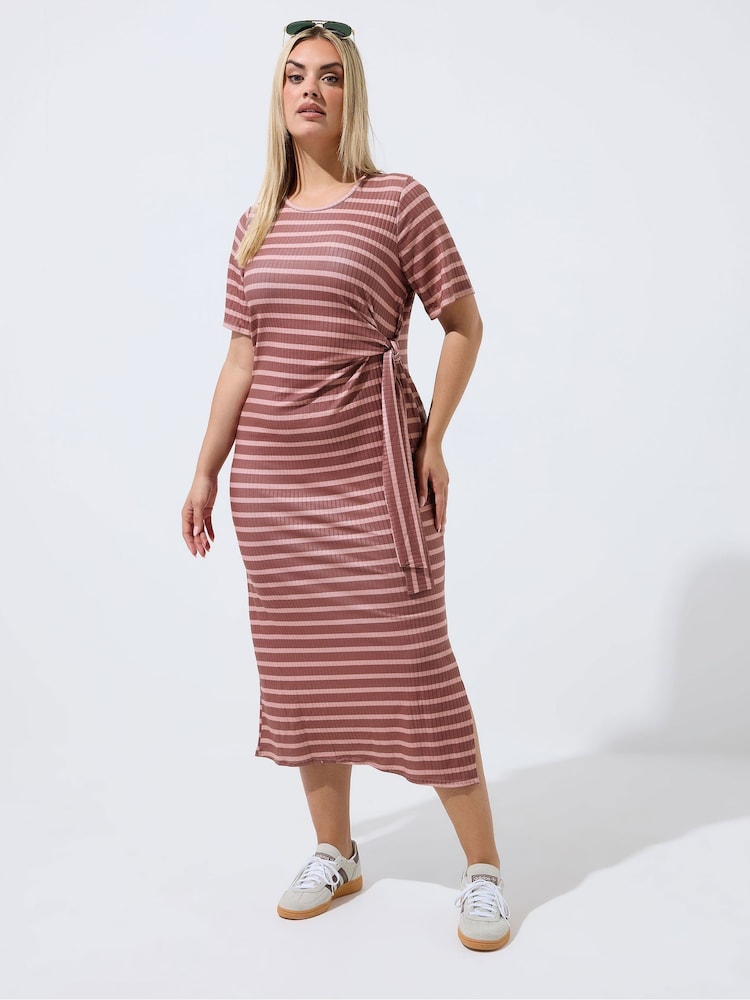 Yours Curve Pink Limited Stripe Ribbed Knot Dress - Image 2 of 5 Yours Curve Pink Limited Stripe Ribbed Knot Dress - Image 2 of 5