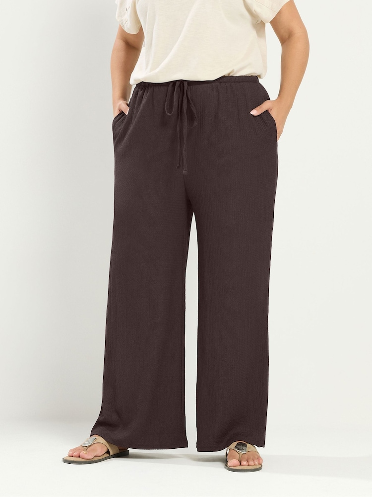 Yours Curve Brown Textured Drawstring Trousers - Image 2 of 4 Yours Curve Brown Textured Drawstring Trousers - Image 2 of 4