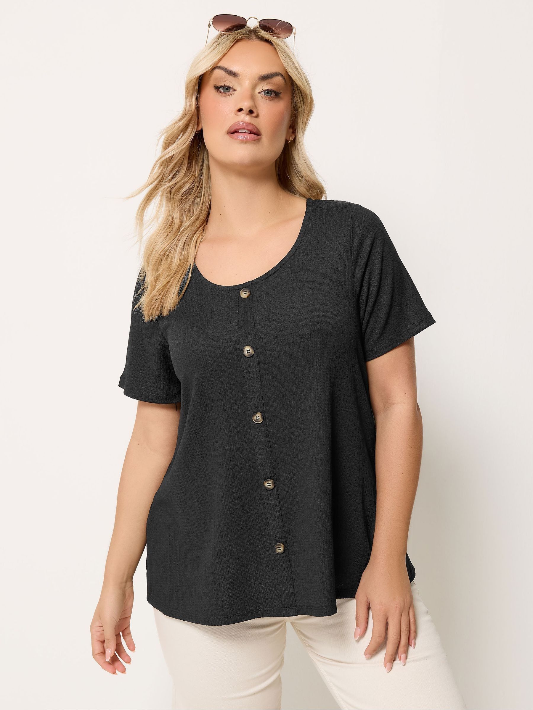 Yours Curve Women's Black Textured Button Top