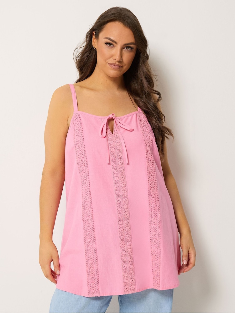 Yours Curve Pink Tie Front Crochet Cami - Image 1 of 5