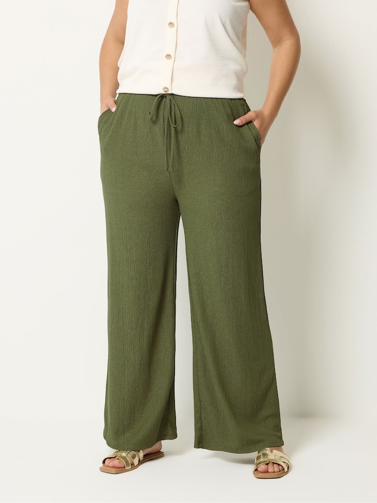 Yours Curve Green Textured Drawstring Trousers - Image 1 of 5