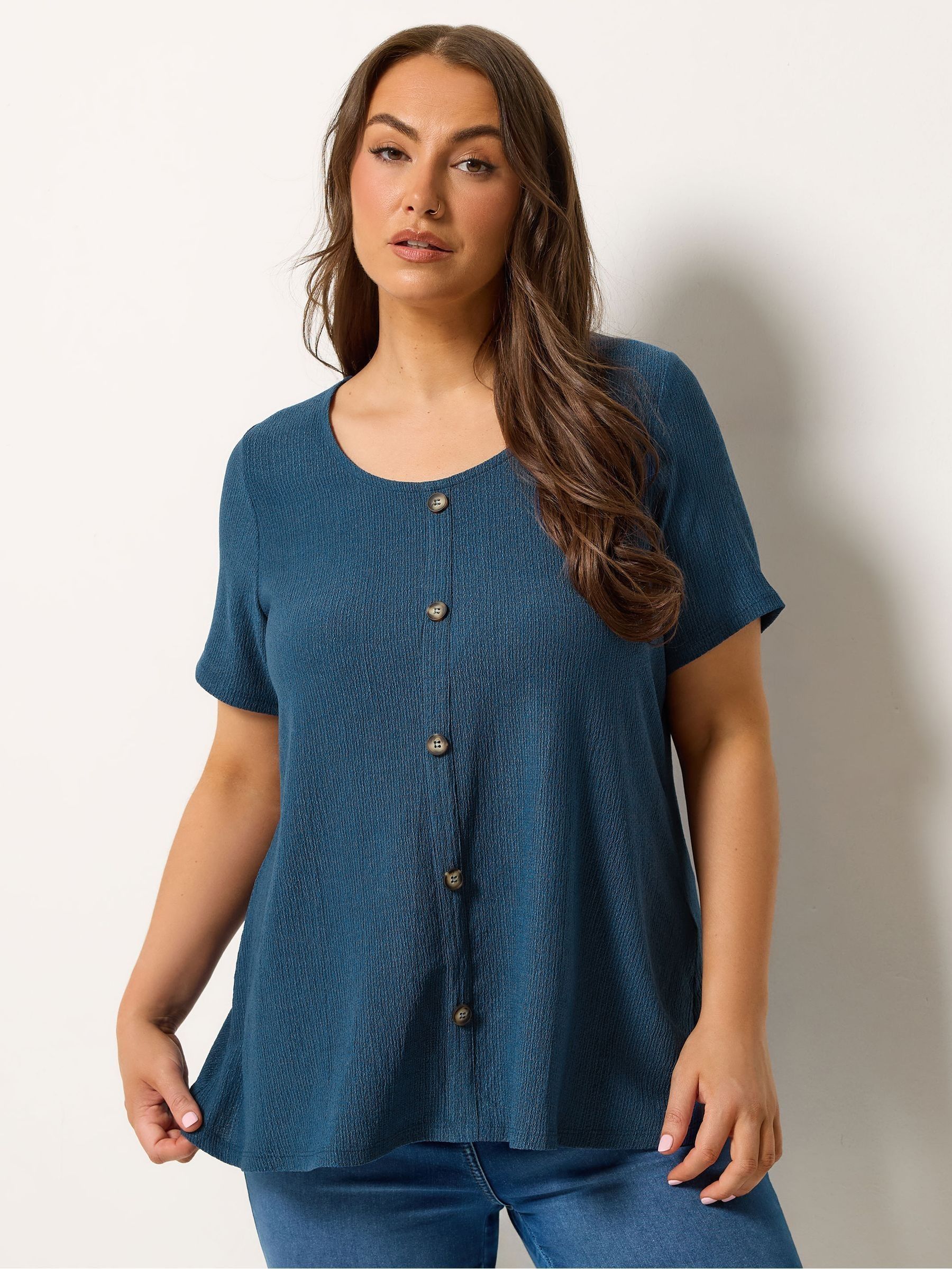 Yours Curve Women's Blue Textured Button Top