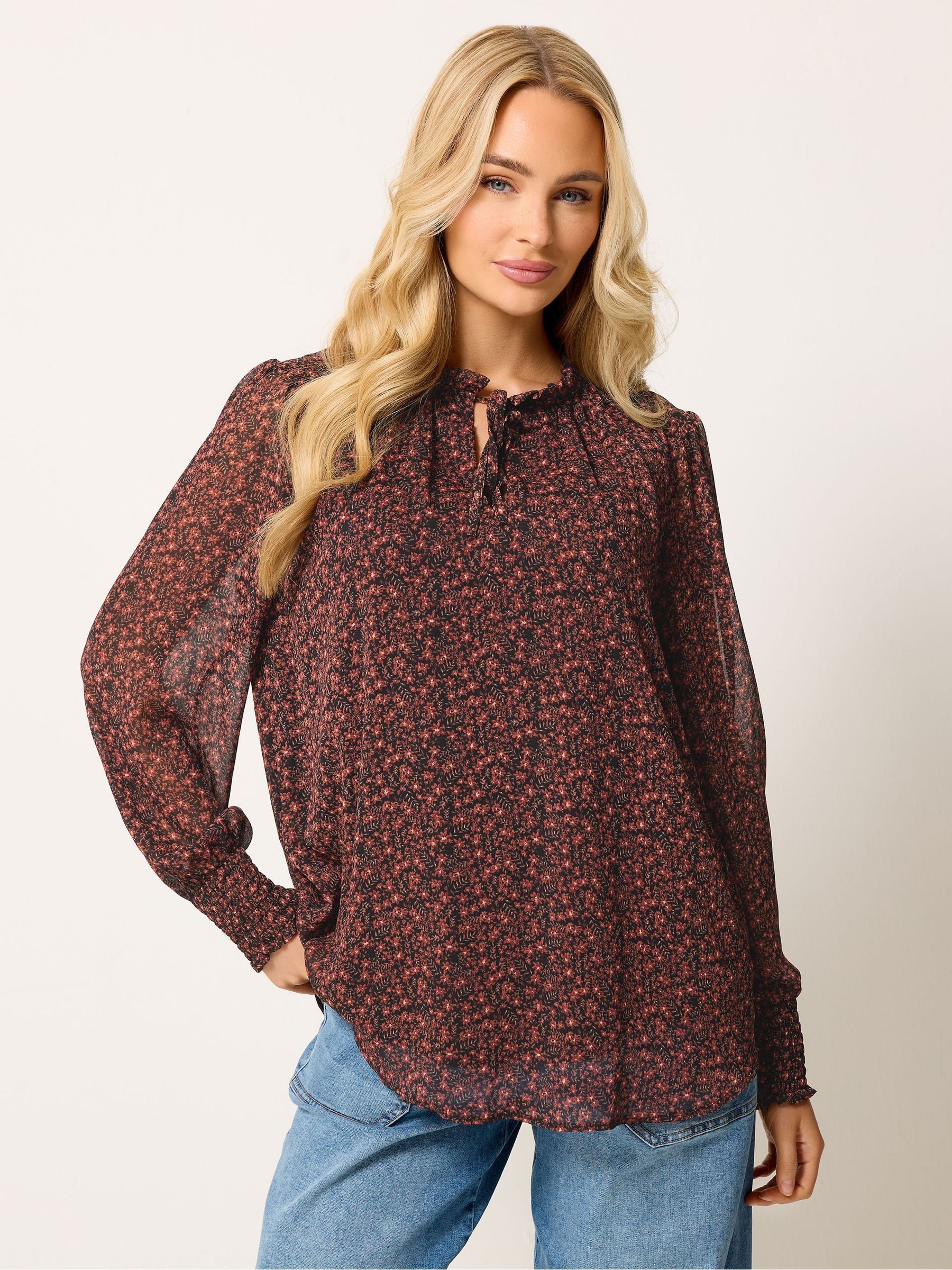 M & Co Women's Brown Floral Tie Neck Blouse