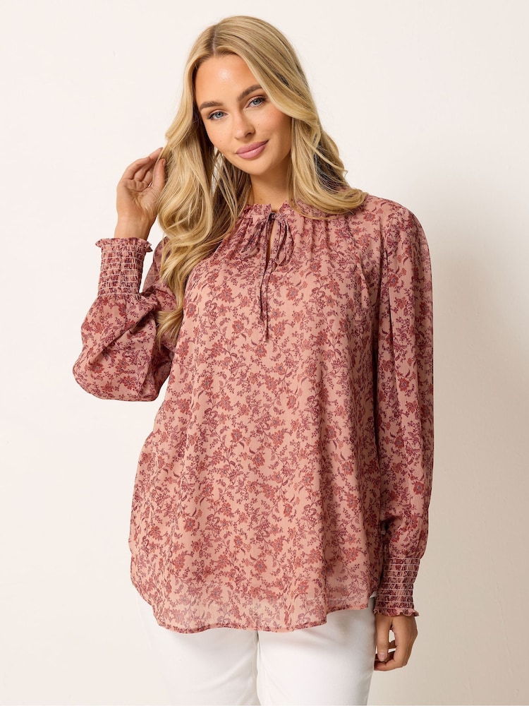 M&Co Brown Floral Tie Neck Blouse - Image 1 of 5