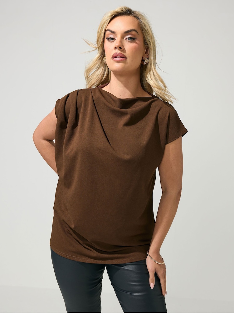 Yours Curve Brown London Drape Shoulder Top - Image 1 of 5 Yours Curve Brown London Drape Shoulder Top - Image 1 of 5