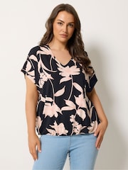 Yours Curve Black Elasticated Hem V-Neck T-Shirt - Image 1 of 5