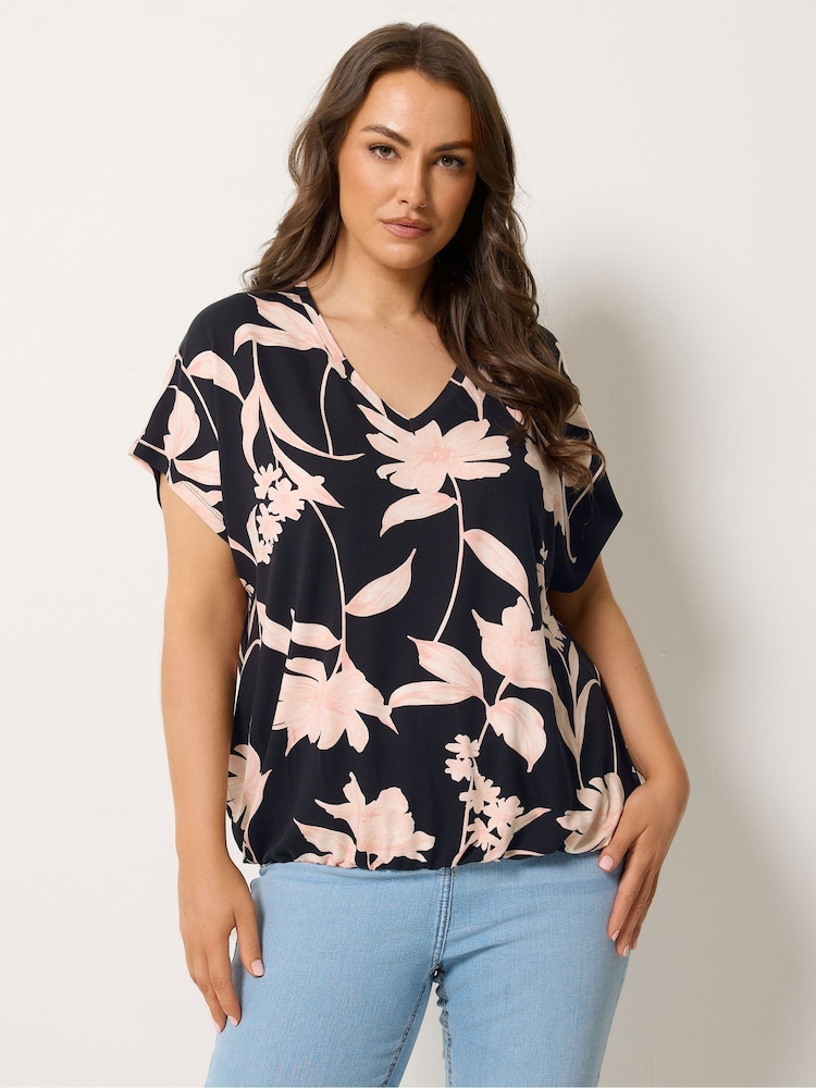 Yours Curve Black Elasticated Hem V-Neck T-Shirt - Image 1 of 5 Yours Curve Black Elasticated Hem V-Neck T-Shirt - Image 1 of 5