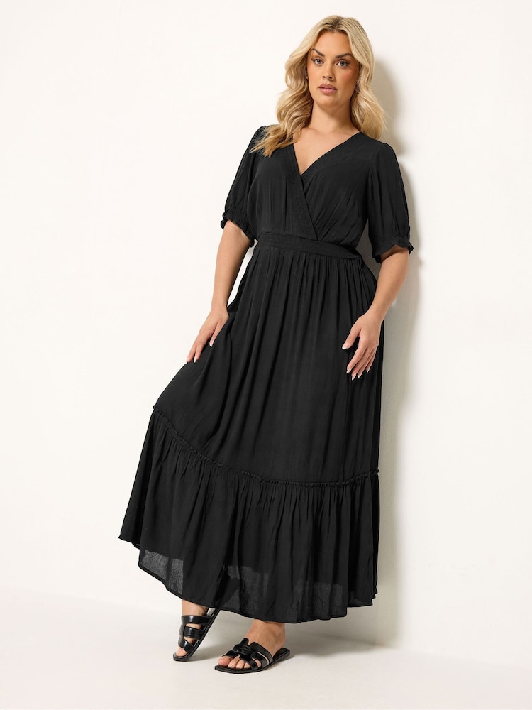 Yours Curve Black Shirred Neck Maxi Dress - Image 1 of 4