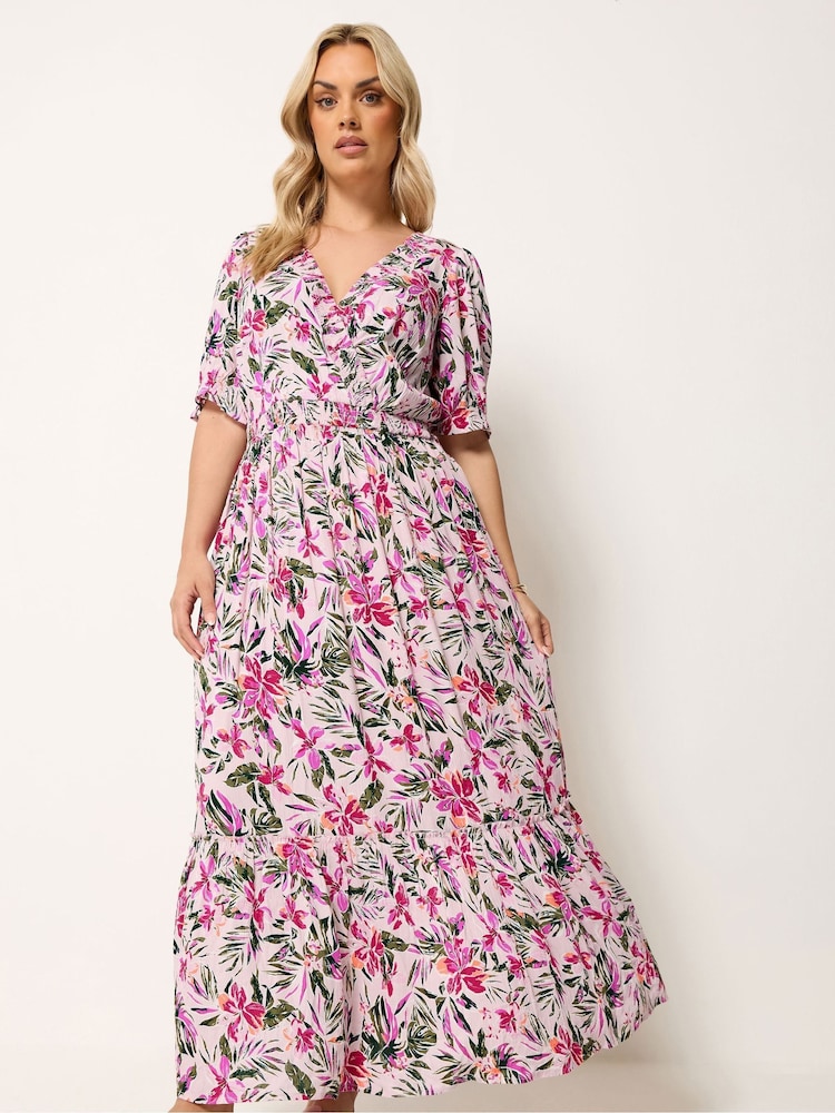 Yours Curve Pink Shirred Neck Maxi Dress - Image 1 of 5
