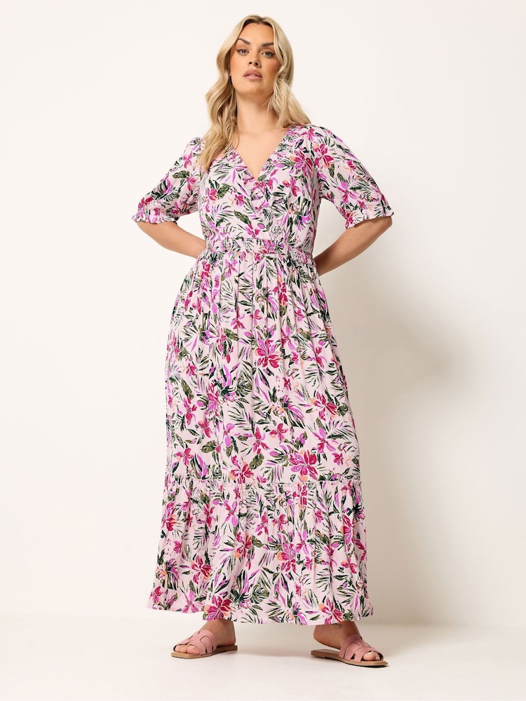 Yours Curve Pink Shirred Neck Maxi Dress - Image 2 of 5