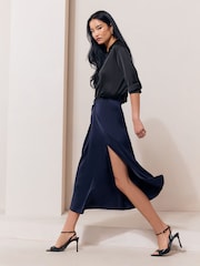 Lipsy Navy Satin Draped Gathered Waist Side Split Midi Skirt - Image 1 of 6