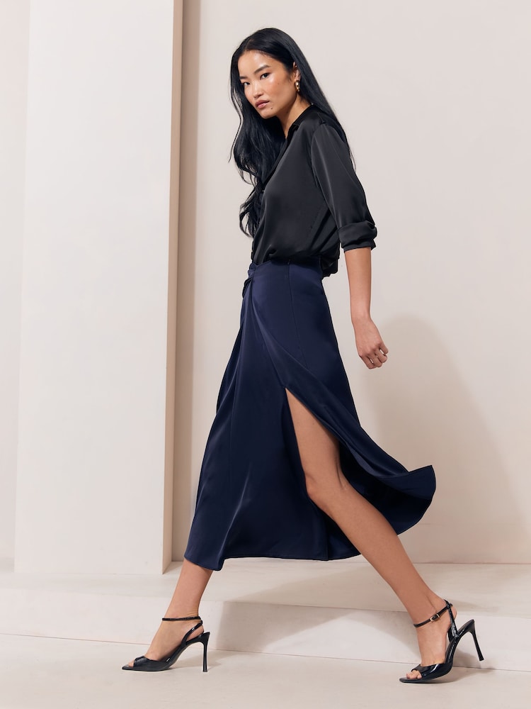 Lipsy Navy Satin Draped Gathered Waist Side Split Midi Skirt - Image 1 of 6