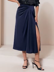 Lipsy Navy Satin Draped Gathered Waist Side Split Midi Skirt - Image 2 of 6