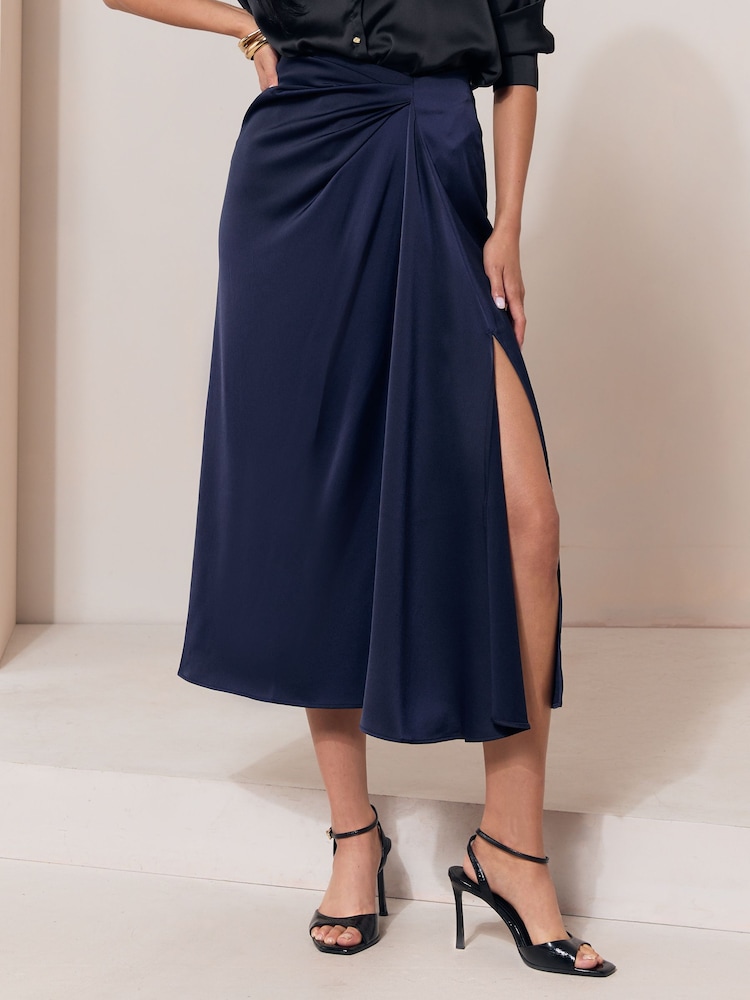 Lipsy Navy Satin Draped Gathered Waist Side Split Midi Skirt - Image 2 of 6