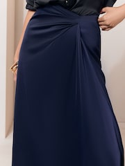 Lipsy Navy Satin Draped Gathered Waist Side Split Midi Skirt - Image 3 of 6