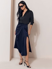 Lipsy Navy Satin Draped Gathered Waist Side Split Midi Skirt - Image 4 of 6
