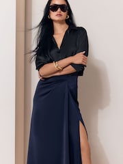 Lipsy Navy Satin Draped Gathered Waist Side Split Midi Skirt - Image 5 of 6