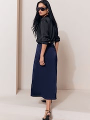 Lipsy Navy Satin Draped Gathered Waist Side Split Midi Skirt - Image 6 of 6