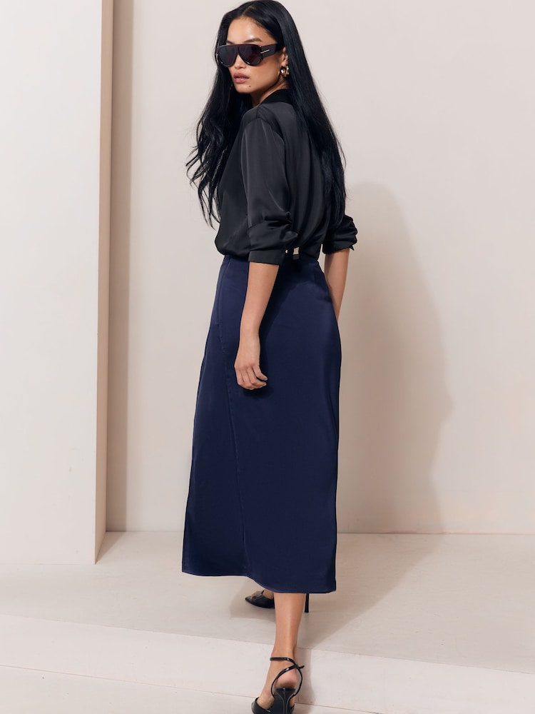 Lipsy Navy Satin Draped Gathered Waist Side Split Midi Skirt - Image 6 of 6