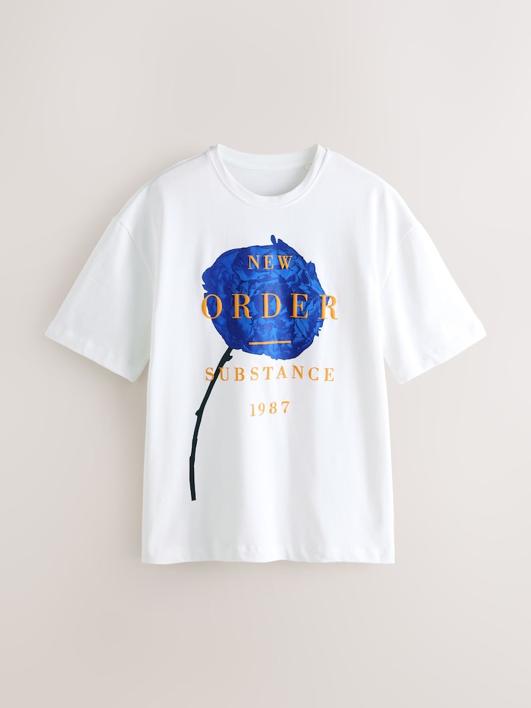 White New Order Floral Regular Fit Band Graphic Print T-Shirt - Image 1 of 4