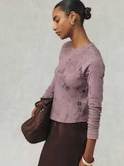 Pink National Trust X Next Raglan Long Sleeve Washed Effect Raw Seam T-Shirt - Image 5 of 9