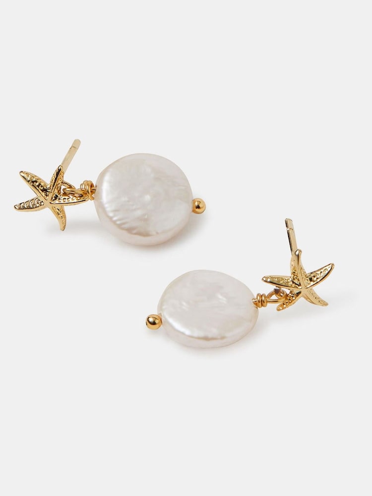 Accessorize Gold 14ct Gold-Plated Starfish Pearl Drop Earrings - Image 1 of 2