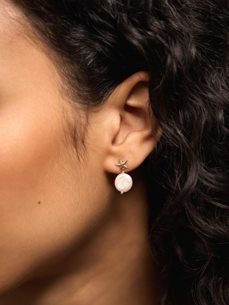 Accessorize Gold 14ct Gold-Plated Starfish Pearl Drop Earrings - Image 2 of 2