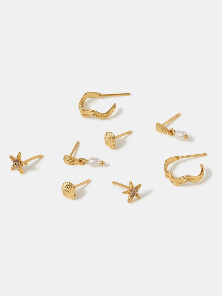 Accessorize Gold 14ct Gold-Plated Shell Pearl Stud & Hoop Earrings 4 Pack - Image 1 of 2