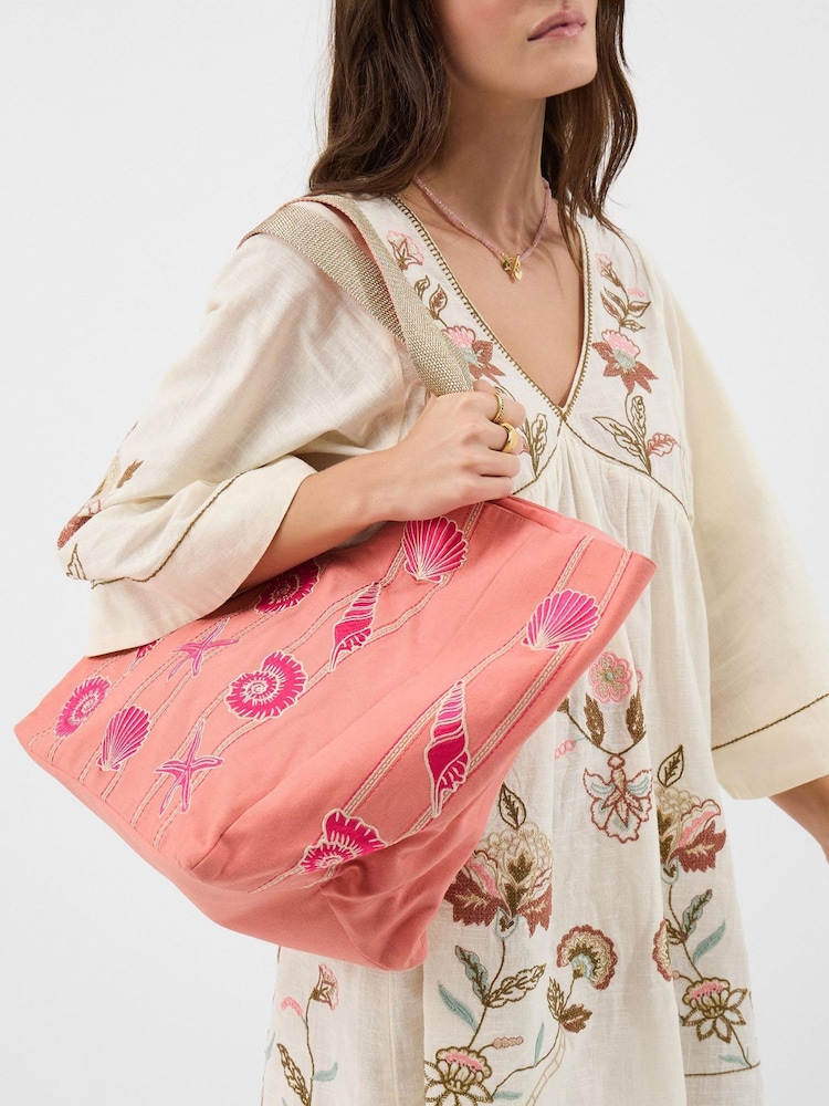 Accessorize Orange Embroidered Seashell Beach Bag - Image 1 of 3 Accessorize Orange Embroidered Seashell Beach Bag - Image 1 of 3