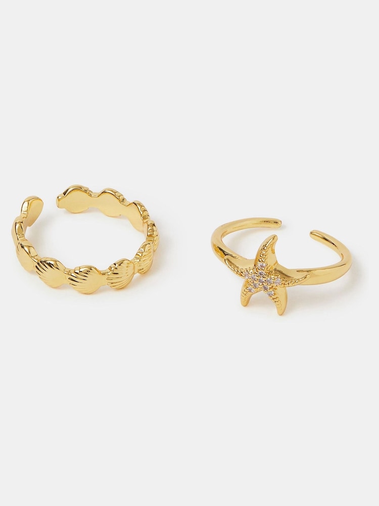 Accessorize Gold 14ct Gold-Plated Starfish & Shell Rings 2 Pack - Image 1 of 2