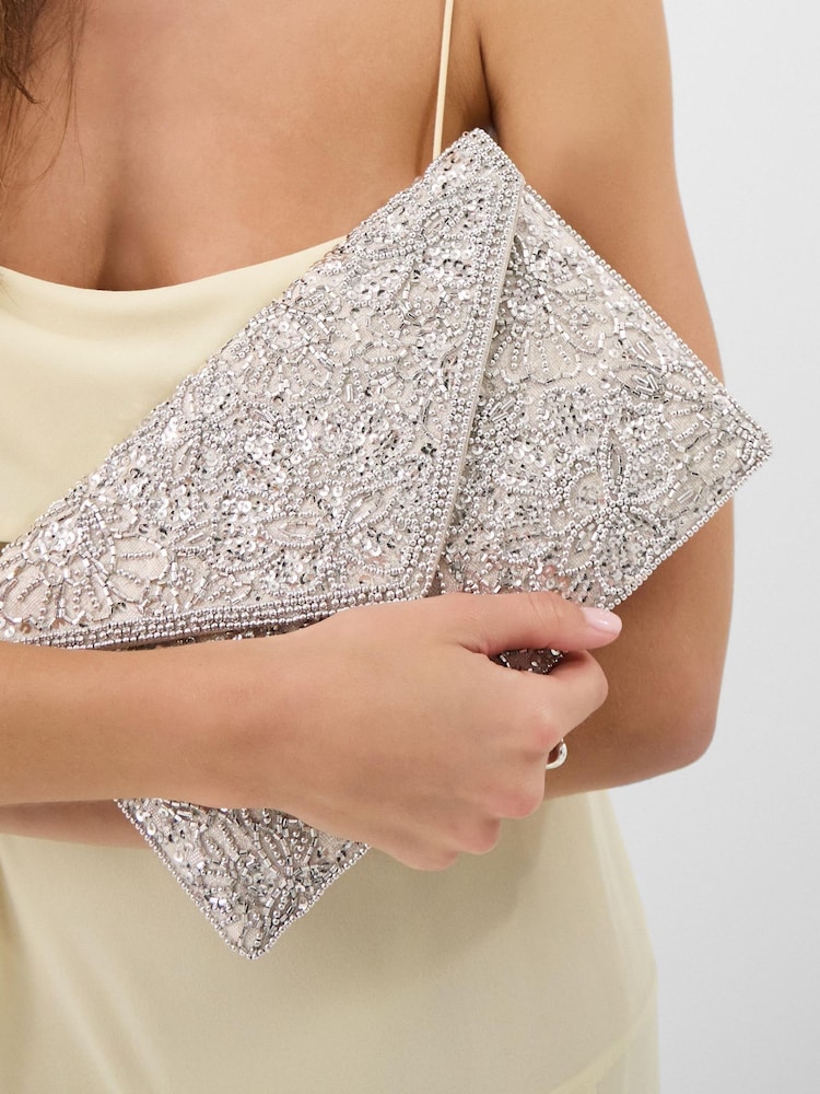 Accessorize Silver Floral Embellished Envelope Clutch Bag - Image 1 of 3